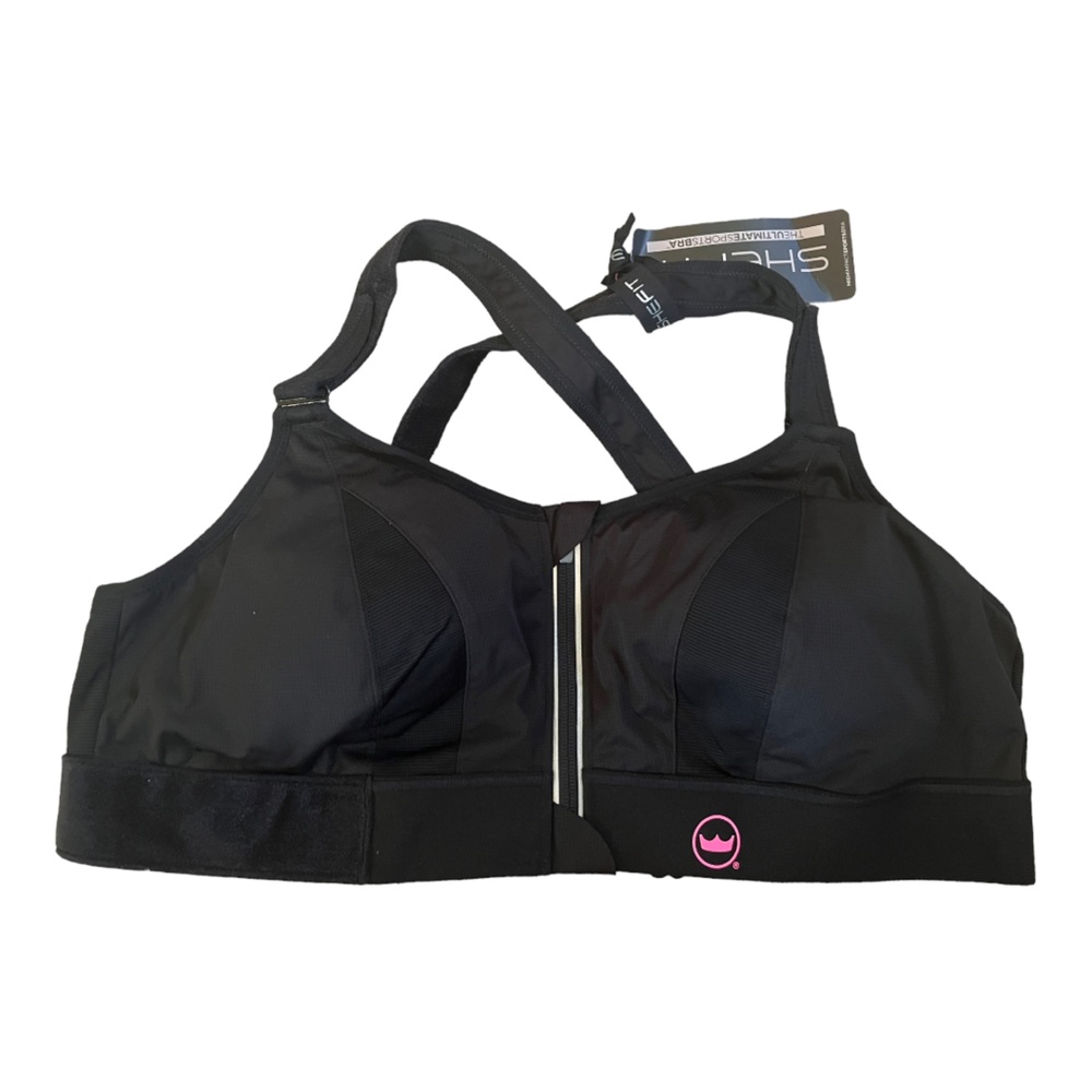 SHEFIT Women's High-Support Front-Zip Sports Bra in Black with Pink Logo